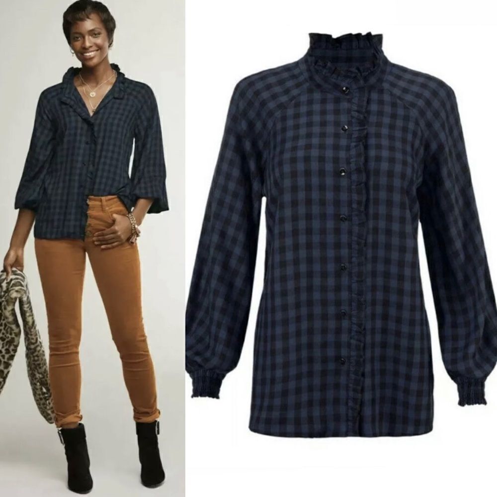 CAbi Aberdeen Check Blouse Top Size Small Button Front Ruffles Navy Blue